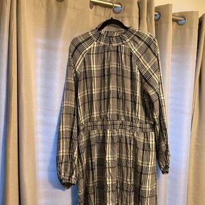 a new day Midi Dress XL Black White Plaid Smocked Mock Neck Long Sleeve Women's